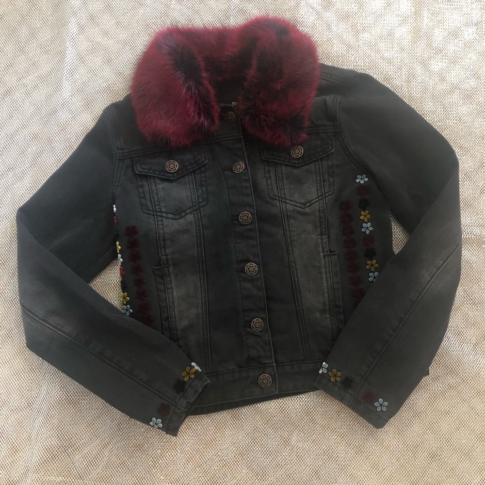 Desigual Black Denim Jacket w/ Removable Faux Fur Collar size 40 Free Shipping